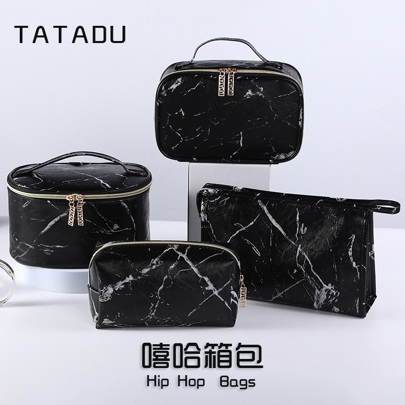 Marble black capacious cosmetic bag