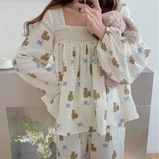 韩国ins女士新品初秋韩系少女减龄方领宽松花边家居服睡衣套装女