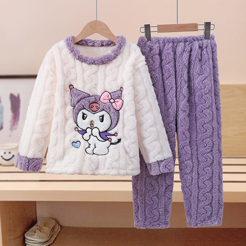 韩版冬季儿童睡衣提花绒女孩剪花绒可爱卡通库洛米睡衣家居服套装