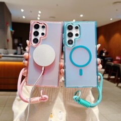 新しいモデルのサムスンS25FE対応、光で色が変わるカメレオン磁気吸着式スマホケース、ストラップ付きA17グラデーションカラー耐衝撃保護カバー