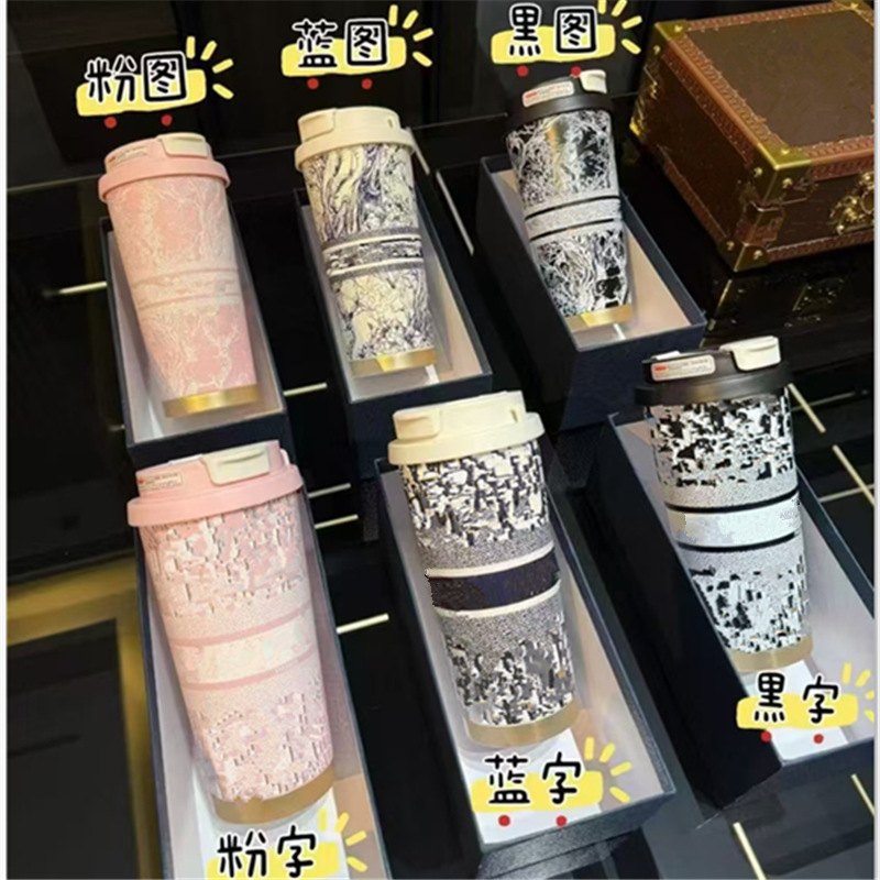 Cross-border 5D surround printing inkjet suction tube cup stainless steel water cup double-layer vacuum coffee cup one cup three drinks