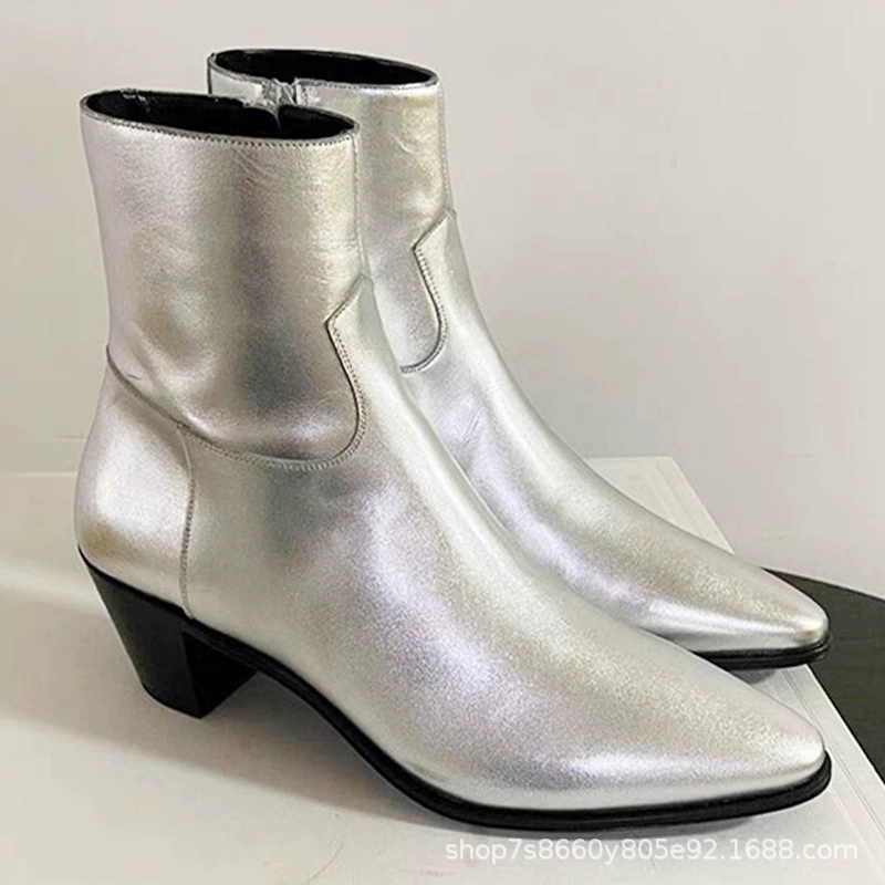 Трансграничный европейский и американский индивидуальный подиум, серебристые сапоги на высоком каблуке CHELSEA BOOT CHELSEA, мужские остроносые джинсовые ботинки Martin