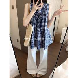 通勤休闲设计感撞色格子系带无袖背心女夏季小众减龄百搭chic上衣