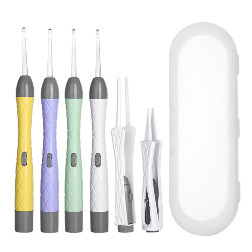 Children's luminous ear spoon set, ear scoop, ear scoop, baby ear tweezers with light, booger clip, rechargeable battery soft head
