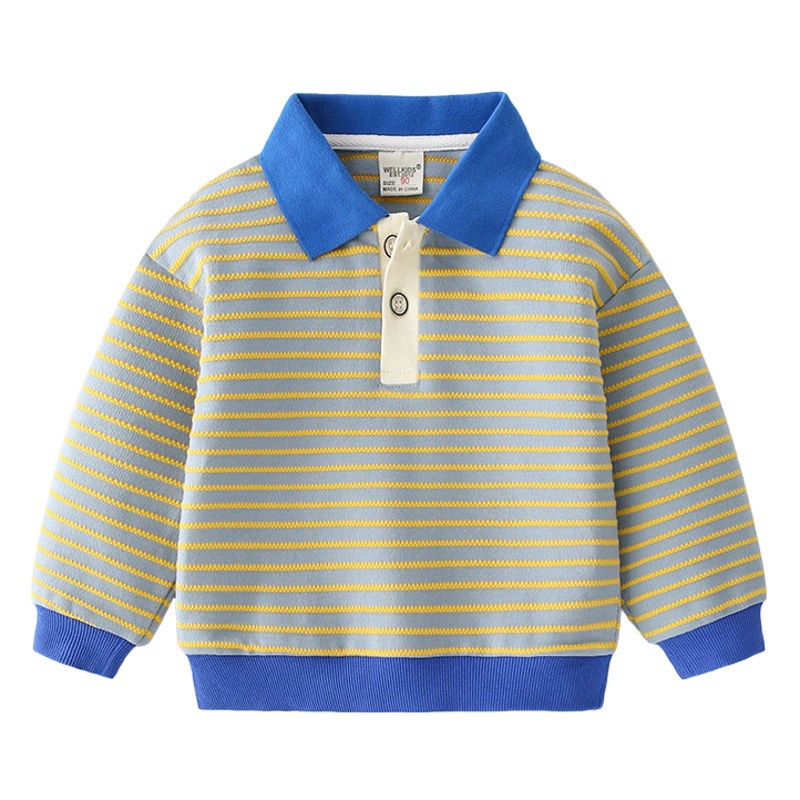 Новая осенняя коллекция 2025: Модный повседневный пуловер для мальчиков с полосатым воротником, двухцветный, в стиле кэжуал, с двумя пуговицами, удлиненный крой.