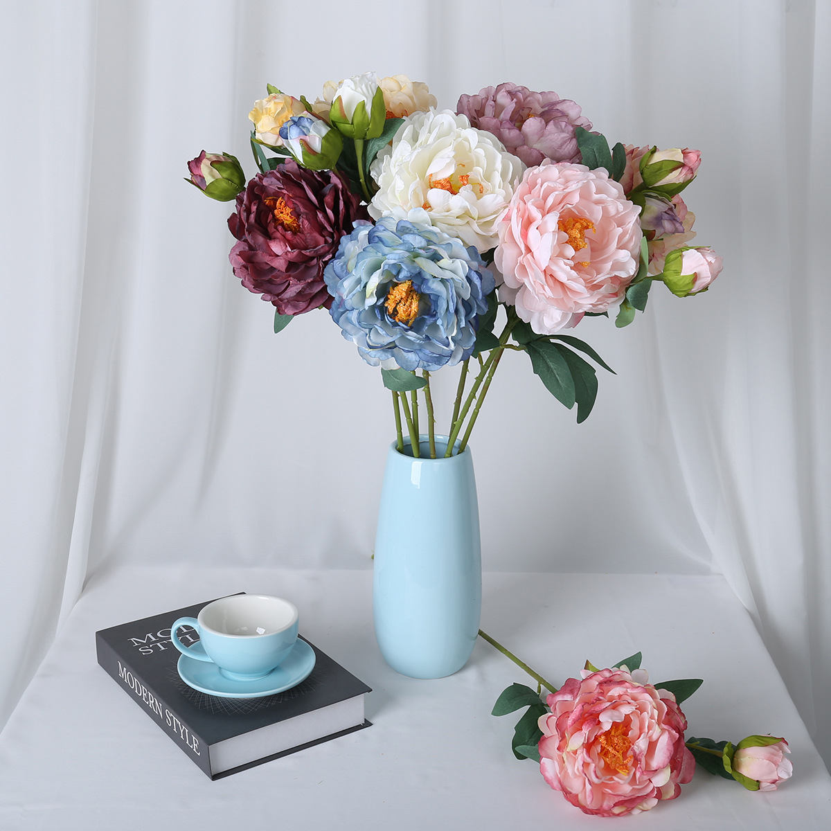 Flor artificial de peonía con bordes quemados, flor de seda de peonía con bordes quemados estilo pintura al óleo vintage, decoración para el hogar, sala de estar, accesorio para fotografía.