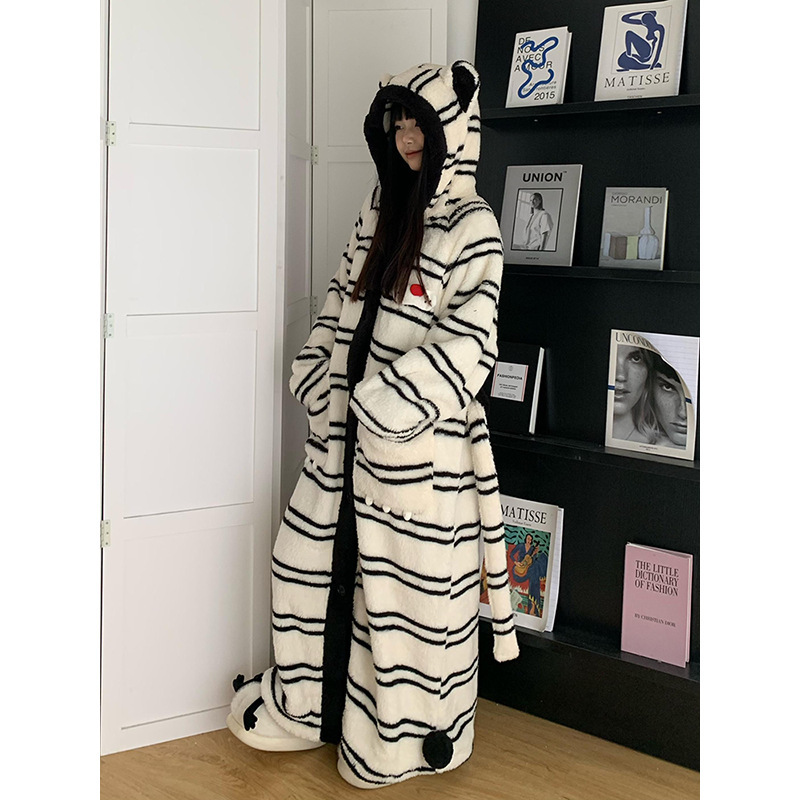 冬天珊瑚绒睡袍秋冬款女加绒加厚连帽睡裙浴袍家居服大码睡衣外套|undefined