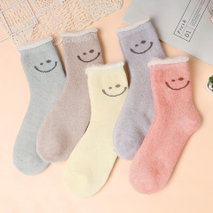 襪子女秋冬季加絨保暖雪地襪加厚月子襪可愛笑臉中筒襪長筒鬆口襪