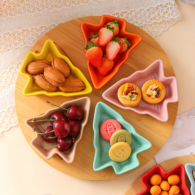 Colorful Ceramic Christmas Tree Dried Fruit Plate Restaurant Home Creative Snack Snack Fruit Plate with Tray