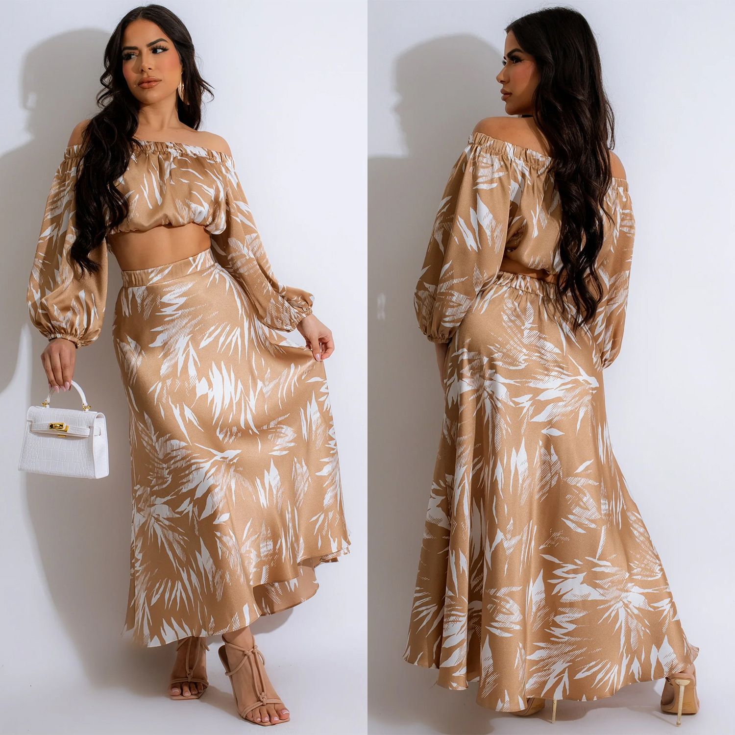 C6881 Aliexpress transfronterizo Amazon Europa y América de moda impresión de ropa de mujer sexy mangas largas umbilical vestido larga dos piezas image 4