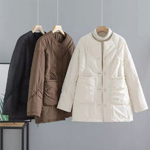 秋冬时尚保暖中长款棉衣外套女大码胖休闲百搭褶皱设计显瘦棉服