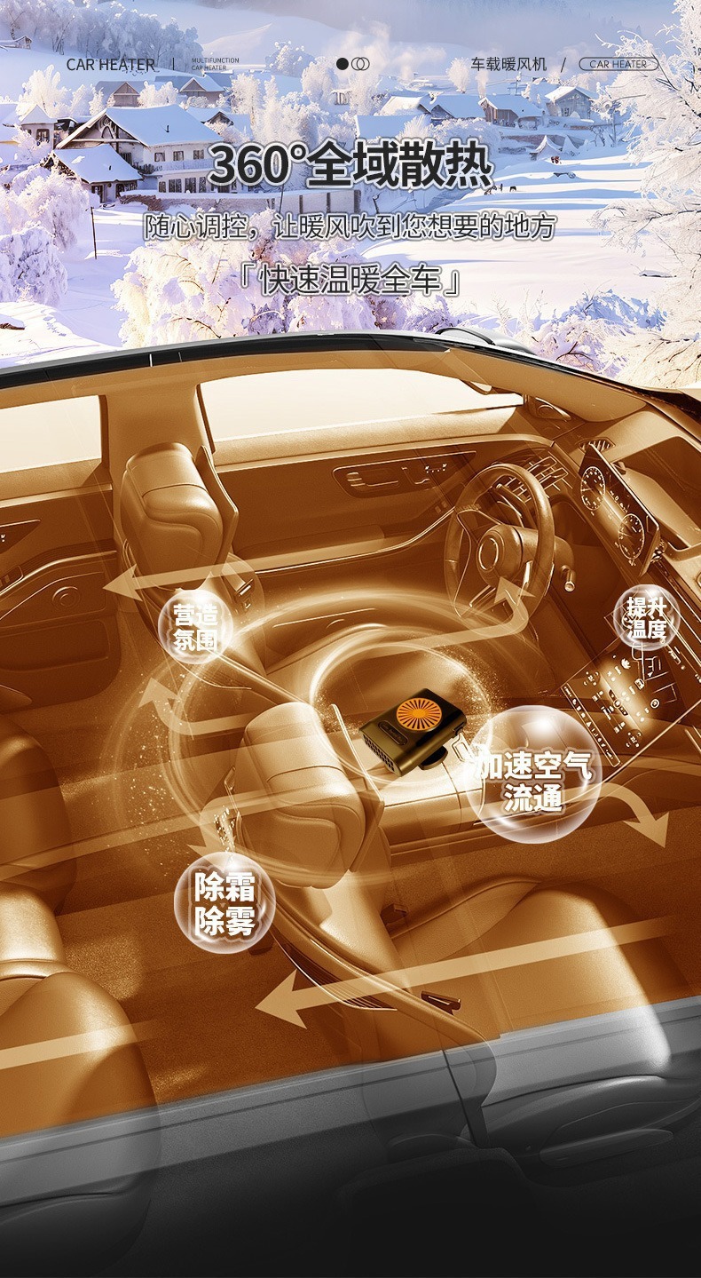 Car-mounted heater, rapid heating, front windshield defroster and defogger, 12V in-car heater