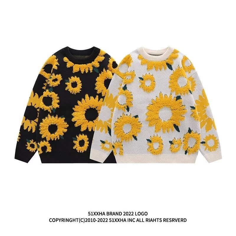 National Fashion Brand Sweater Vintage Sunflower Flocking Lazy Wind Sweater Men's and Women's Hip-Hop Couple Street Long-Sleeved Sweater