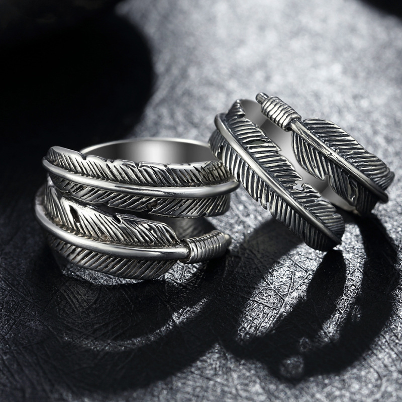 Yishang retro Angel s925 Thai silver Open Couple ring female feather ring male Takahashi Wu Lang style ring