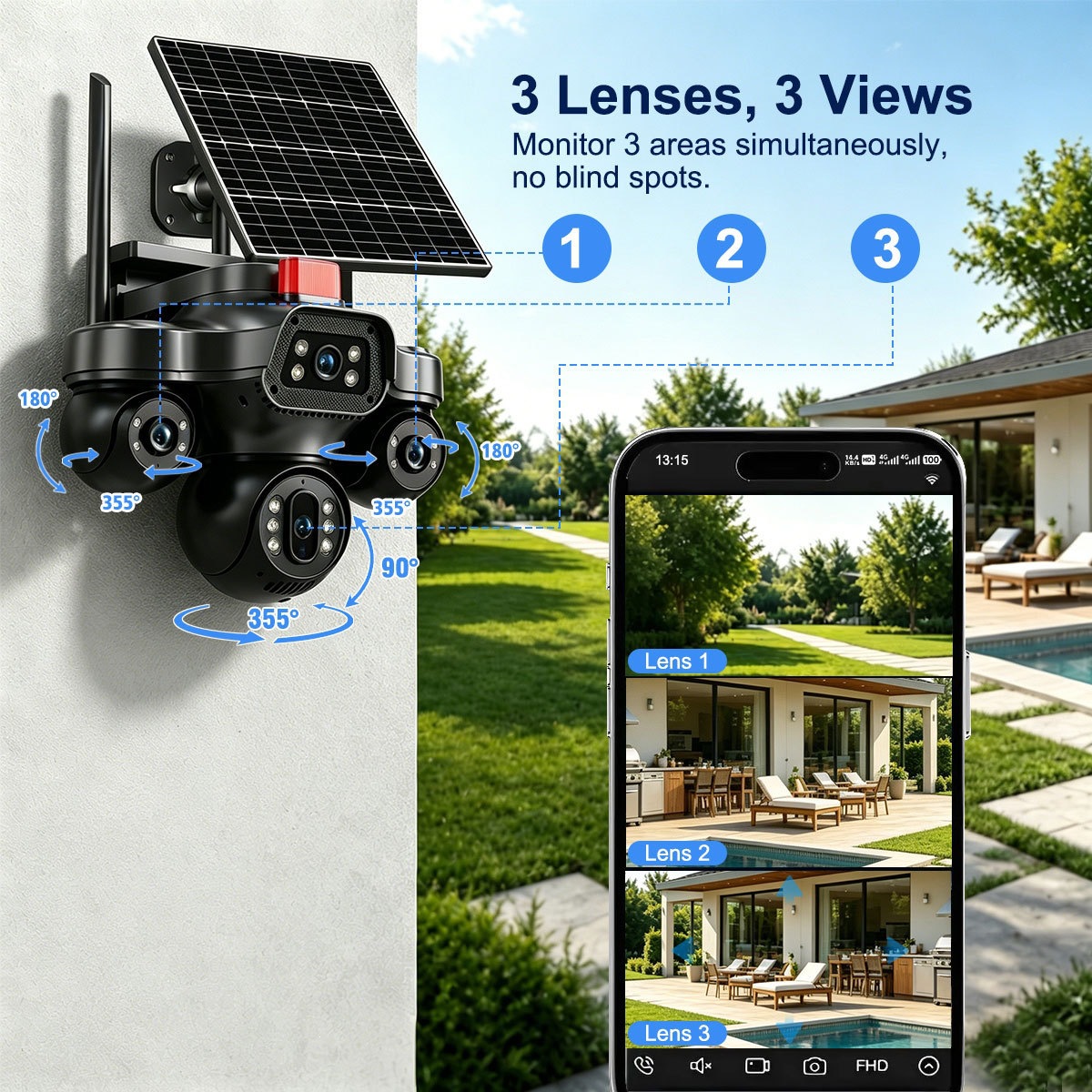V380 solar-powered surveillance camera, triple lens, night vision