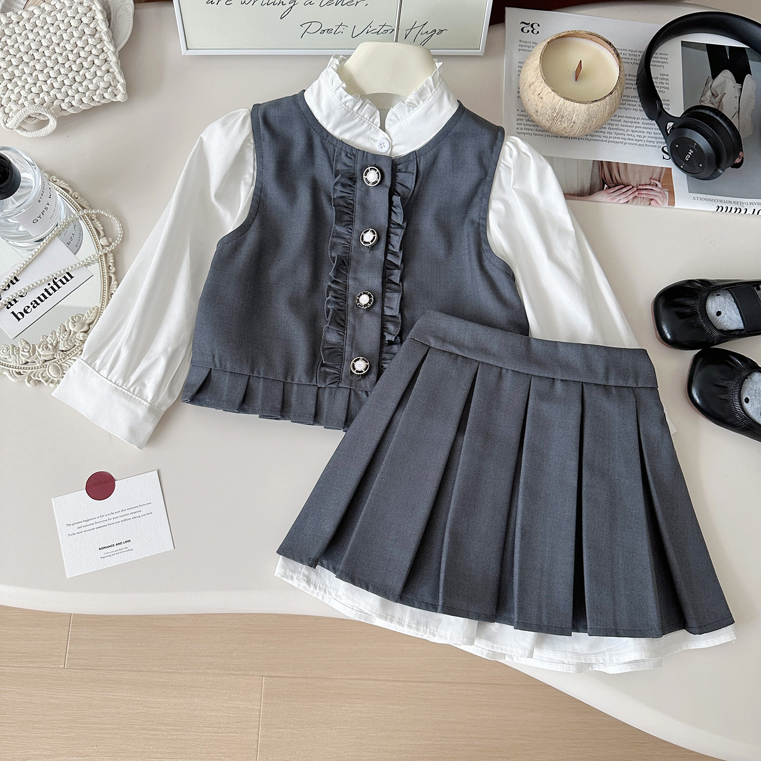 2024 Nuovo autunno coreano scuola media superiore stile gilet camicia gonna set 67650 per ragazze_voghion.com