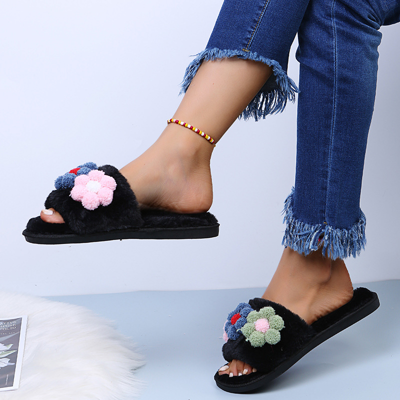 Flat-Bottomed Colorful Flowers Furry Slippers NSKJX104840