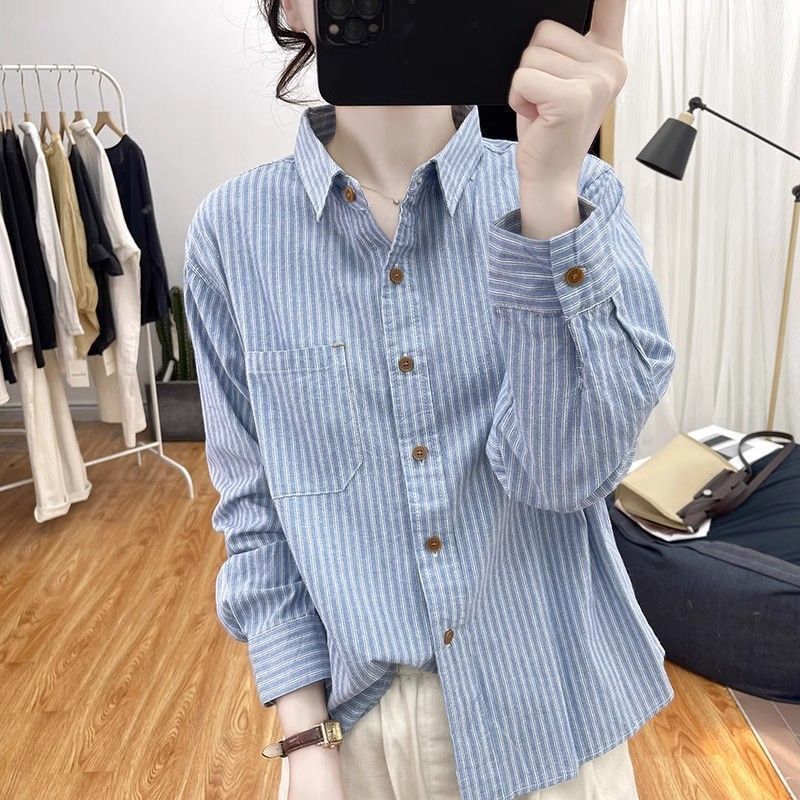 Long-Sleeved Korean Stripesd Shirt Loose Autum Jacquard New Slim Cotton Shirt Bottoming Layered Anti-Wrinkle Top