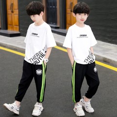 童套裝夏裝新款男童字母圓領拉條套裝2024兒童運動兩件套一件代發