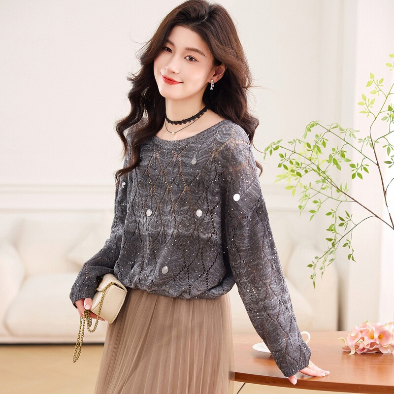 Thin Hollow-Out Knit Sweater for Women, New Fashion Style for Spring 2026, One-Shoulder Design with Sequin Decoration, Trendy and Unique Top