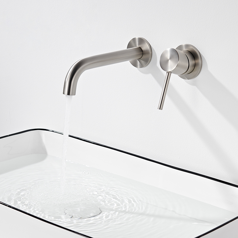 Brushed Nickel Concealed Wall-Mounted Faucet for Washbasin, All-Copper Hot and Cold Sink, Wall-Mounted Pre-Installed Gun Gray
