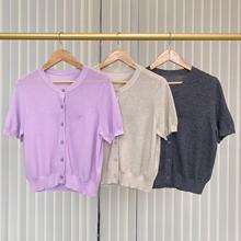 高品质细支羊毛单排同色系纽扣圆领设计唛胸牌短袖薄款针织衫开衫