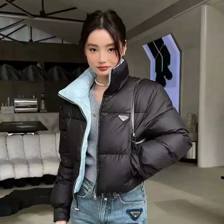 普家新款立领双色短款羽绒服三角徽标撞色保暖百搭面包服羽绒外套