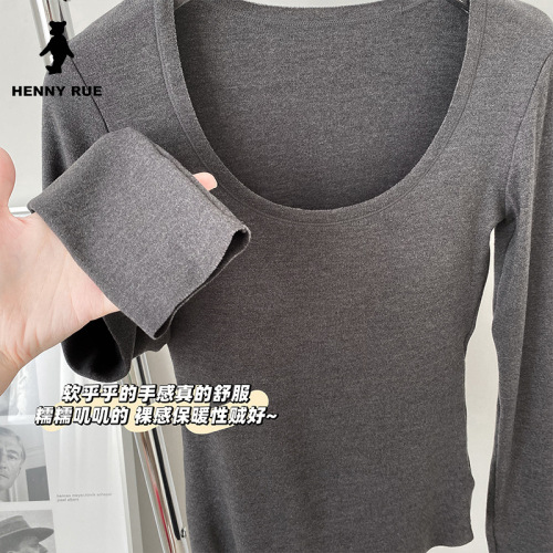 Soft and waxy double-sided velvet Meyabi thermal underwear women's breast pads seamless round neck bottoming shirt