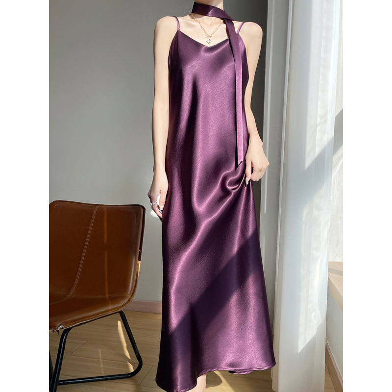 Gilt Satin V Neck Suspender Dress for Women 2025 Summer New Sexy Sleeveless Pure Color Inner Long Skirt