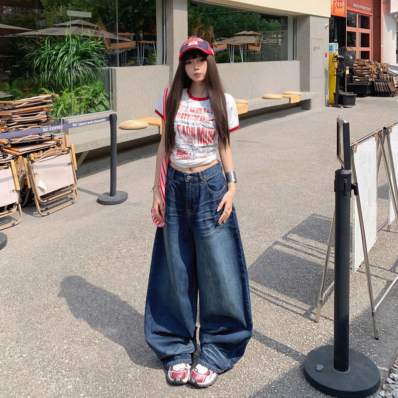 【今茵】街头美式复古水洗折痕高腰阔腿裤垂感百搭宽松直筒牛仔裤|undefined