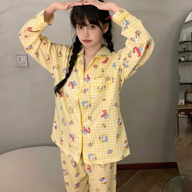 格子のハローキティのパジャマの女性春秋の新型の長袖のズボンの日系の漫画の部屋の服のスーツは外で着ることができます。|undefined