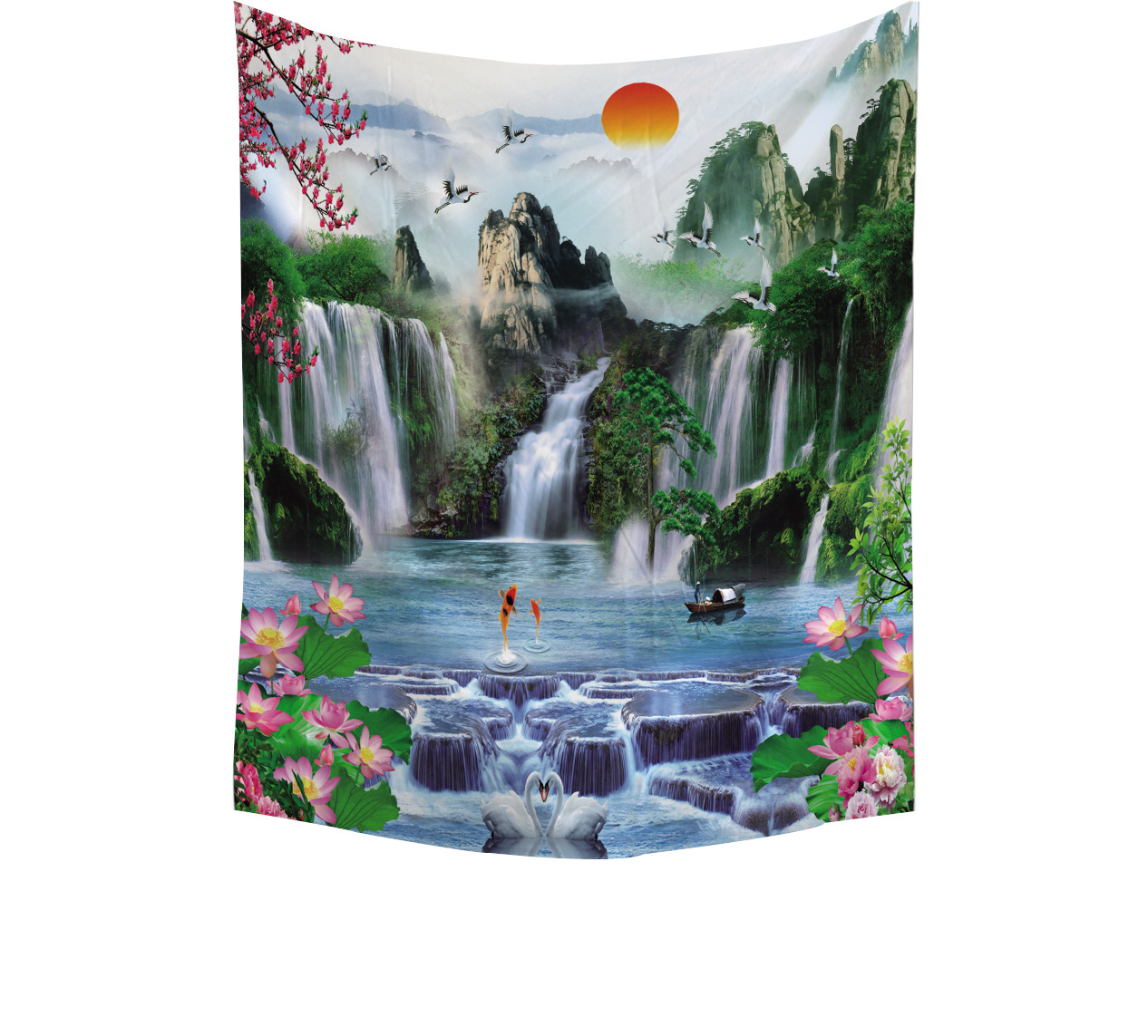 跨境电商 国风山水背景挂毯山水瀑布风景布家居装饰 壁毯 背景布