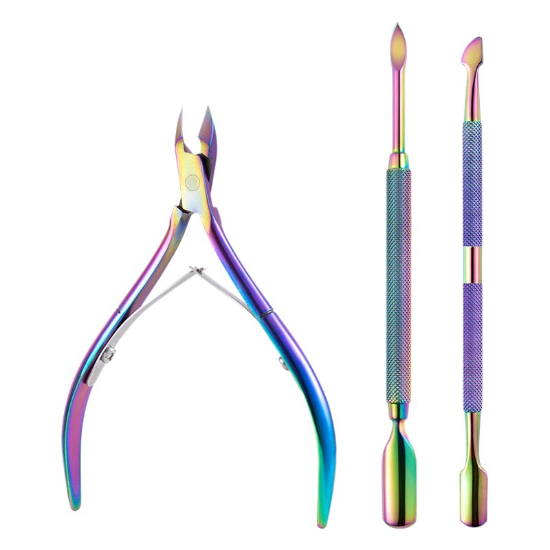 Color titanium stainless steel nail art steel push magic color nail file to remove dead skin push nail remover nail art dead skin fork tool set