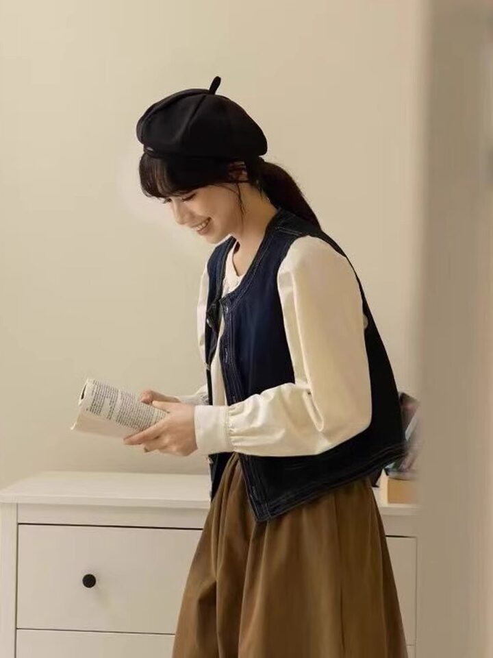 Áo vest denim cardigan nữ phong cách retro, dáng ngắn 40–50 cm, cài cúc, có túi — Denim xanh (hàng có sẵn), Màu xanh đậm (hàng có sẵn) chi tiết 5