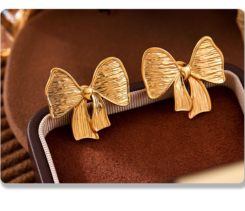 Square Sugar Bow Earrings For Women In Titanium Steel Gold Tone_voghion.com
