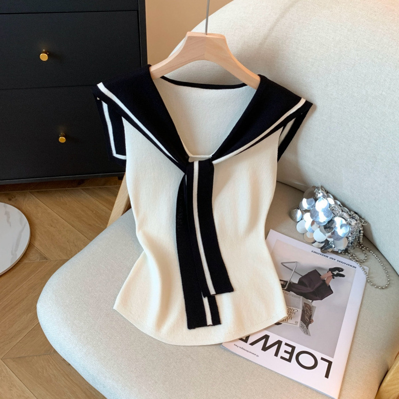 13ラインフレンチネイビーカラーVネックアイスシルクニット半袖Tシャツレディース夏コントラストカラーノースリーブベストスリムショール|undefined