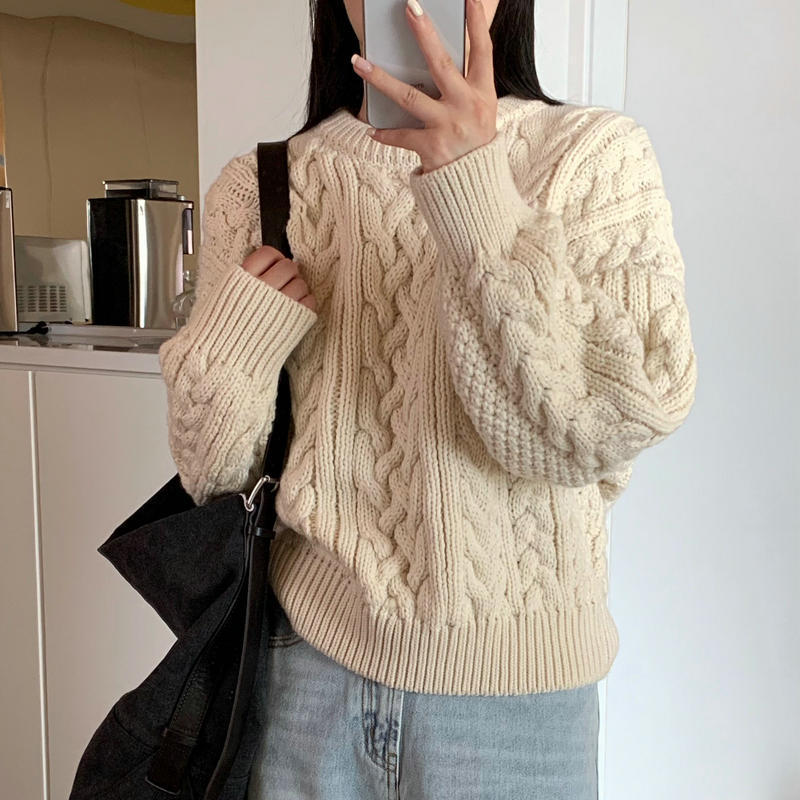 韩系复古麻花套头毛衣 女新款宽松慵懒风针织毛衣 3色 批发 0.8kg|undefined
