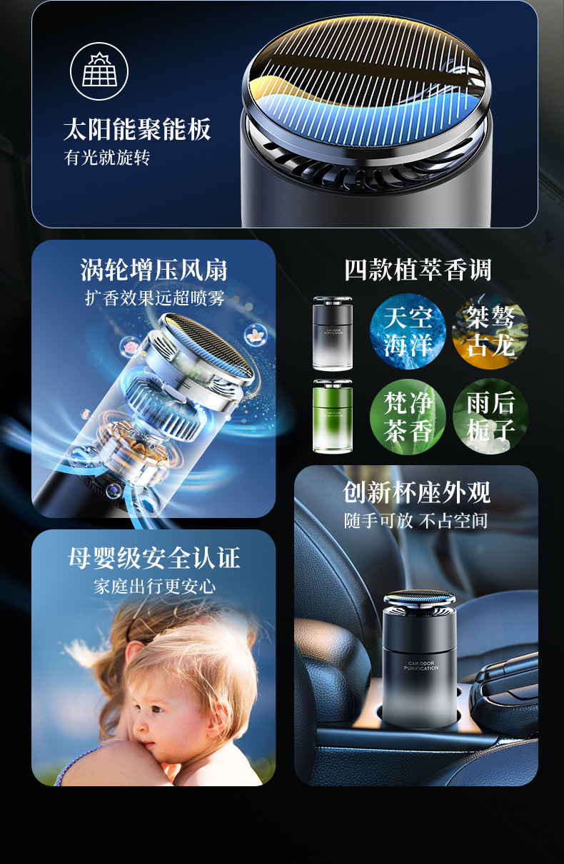 Car-mounted solar-powered odor-removing solid fragrance for the center console cup holder, a light luxury car fragrance with long-lasting scent