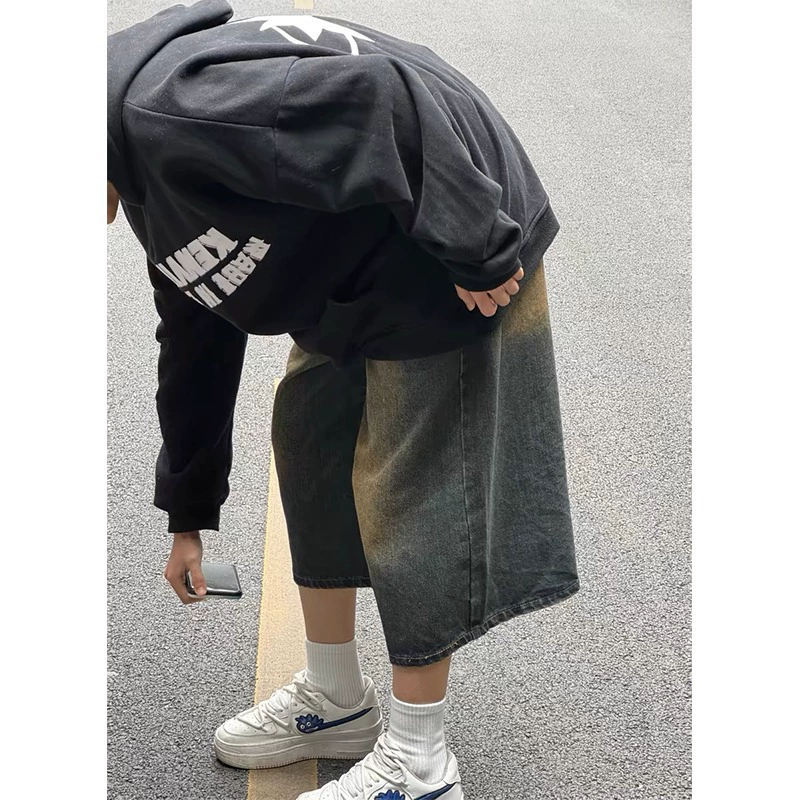 Широкие ножки семь очков джинсы летние новые американские ретро вымытые старые нейтральные прямые шорты свободные для мужчин и женщин