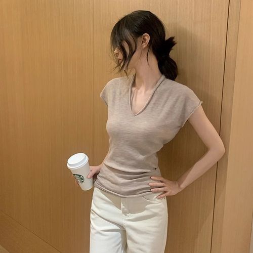 Pure Color Small Sleeve Basic Minimalist Skin-friendly Comfortable 2025 Summer New Knit V-neck Turn-up Top for Women