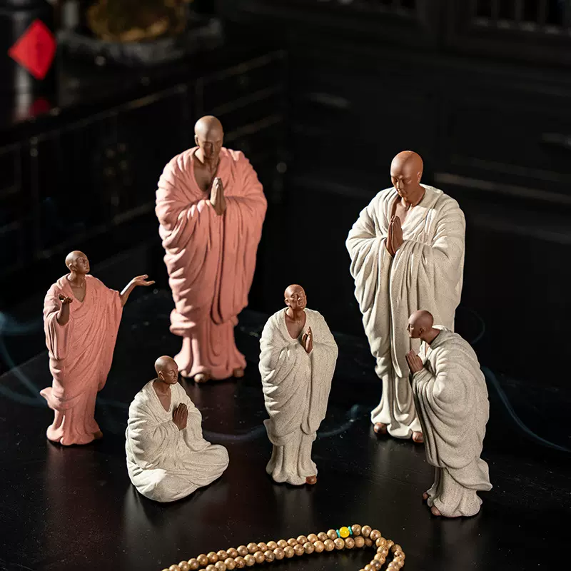 禅意中式紫砂陶瓷粉色小和尚人物摆件客厅创意茶室桌面装饰纯摆设