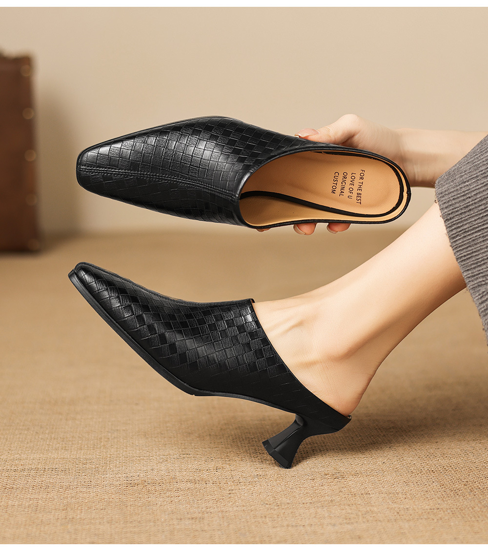 Sandal nữ bít mũi gót thô 5 cm, da bò đơn giản mùa xuân hè — đen chi tiết 10