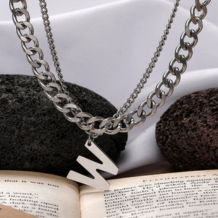 W Letter Set Necklace Men's Light Luxury Niche Hip-Hop Men's New Fashionable Collarbone Woolen Chain Couple's High-end Women