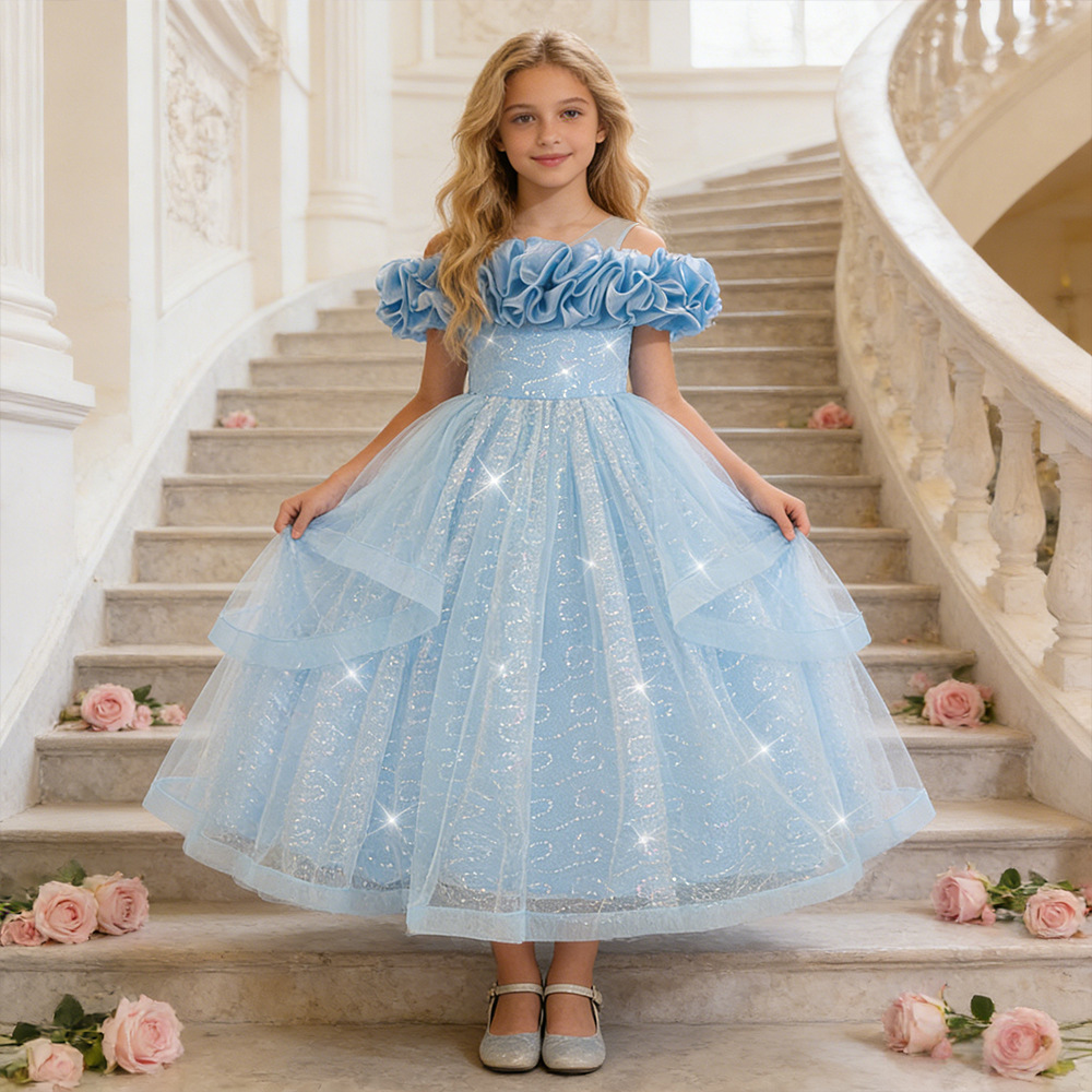 Nuevos vestidos para niños europeos y americanos, vestidos de princesa, elegantes faldas de tutú de malla, vestidos de noche de fiesta de cumpleaños para niñas de flores