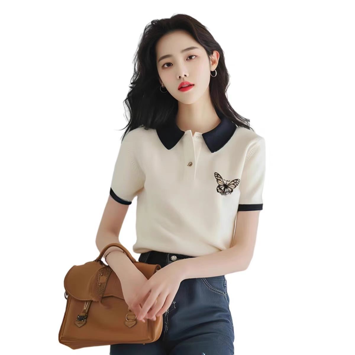 Áo thun nữ cổ polo tay ngắn trắng đơn giản họa tiết bướm — Màu trắng chi tiết 9
