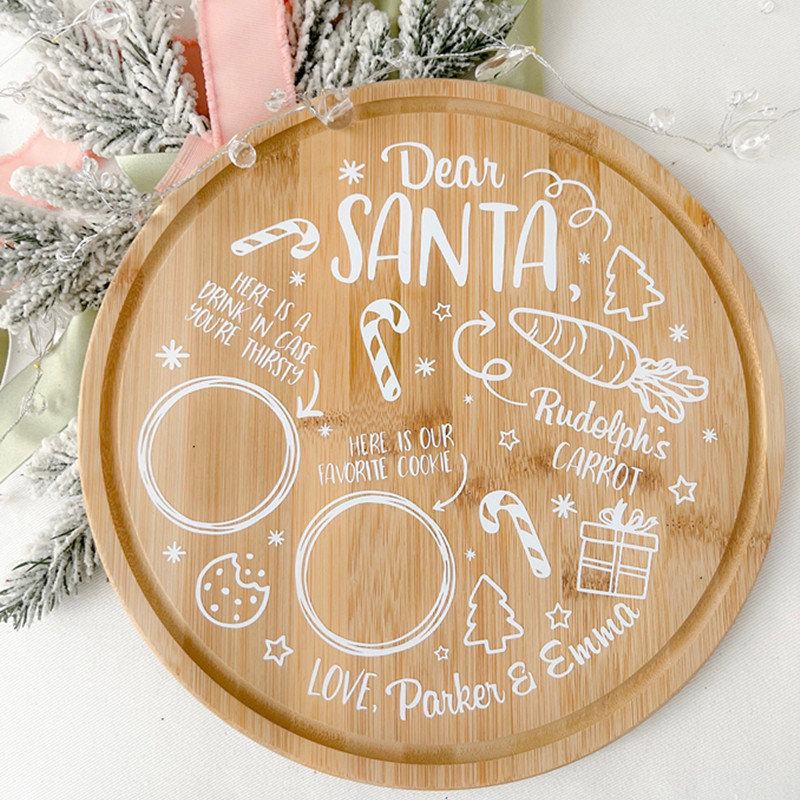 Wooden Christmas Decoration Tray Santa Reindeer Snack Tray Round Wooden Coffee Tray Decorative Wooden Board