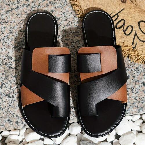 Women's Large Size Slip-On Flat Sandals with Color Block Toe Split Black and White Fish Mouth Shoes