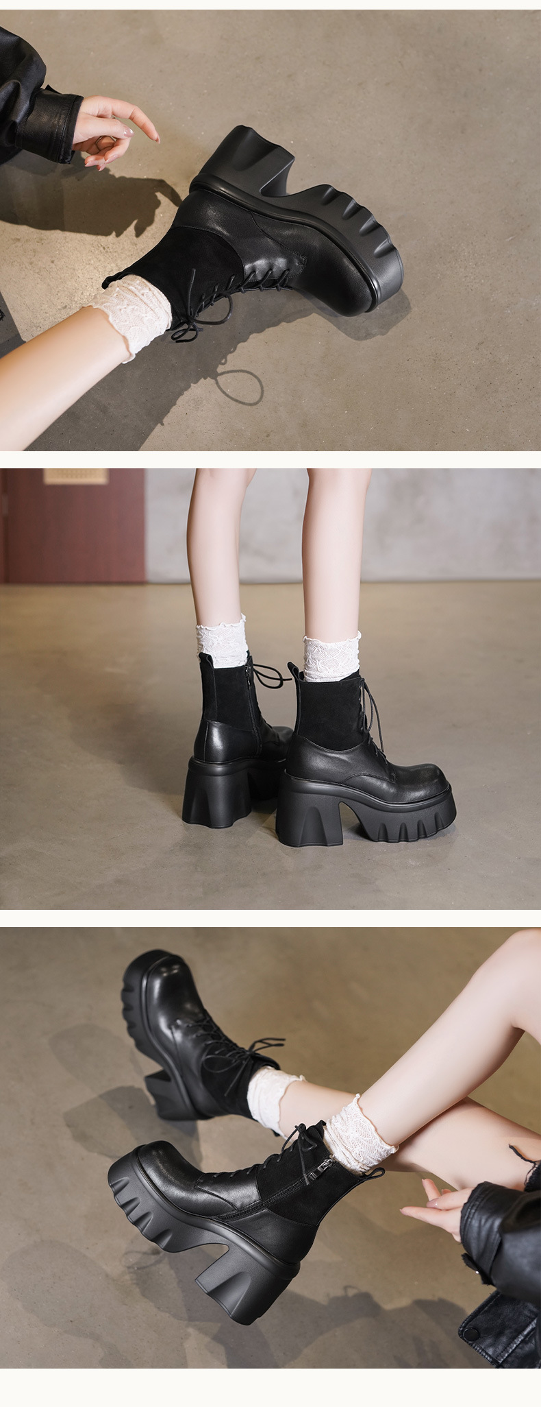 Boot nữ cổ thấp gót dày 10cm da bò chống nước, dây kéo phối dây buộc — Lớp lót nhung đen, Lớp lót đơn màu đen chi tiết 4