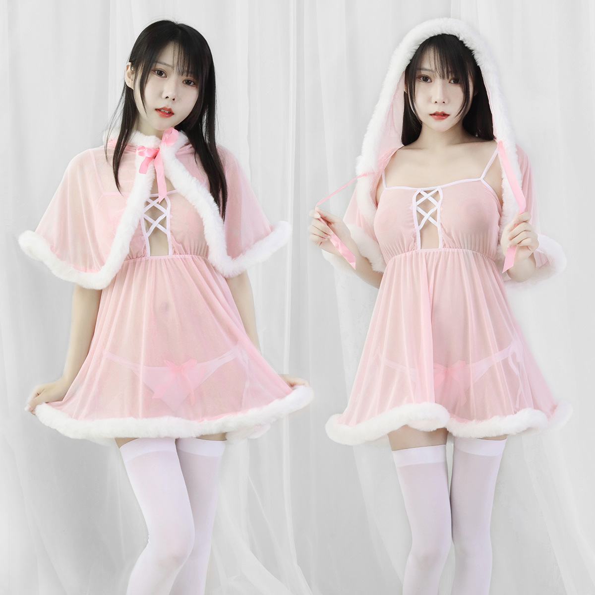 情趣全透明毛絨滾邊連衣裙 性感透視睡裙披肩角色扮演服女款T0905
