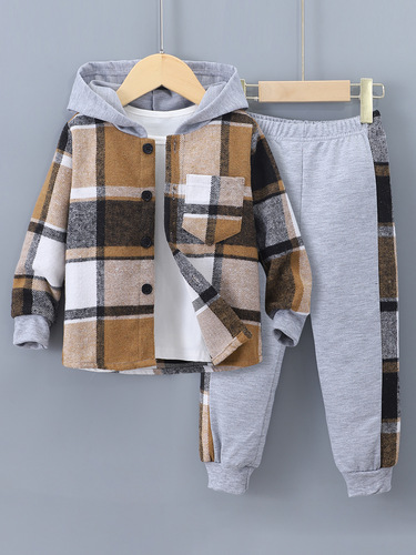 Cross-border Bestseller: Boys' Autumn/Winter New Long-Sleeved Plaid Color-Block Hooded Two-Piece Set (Top + Pants)